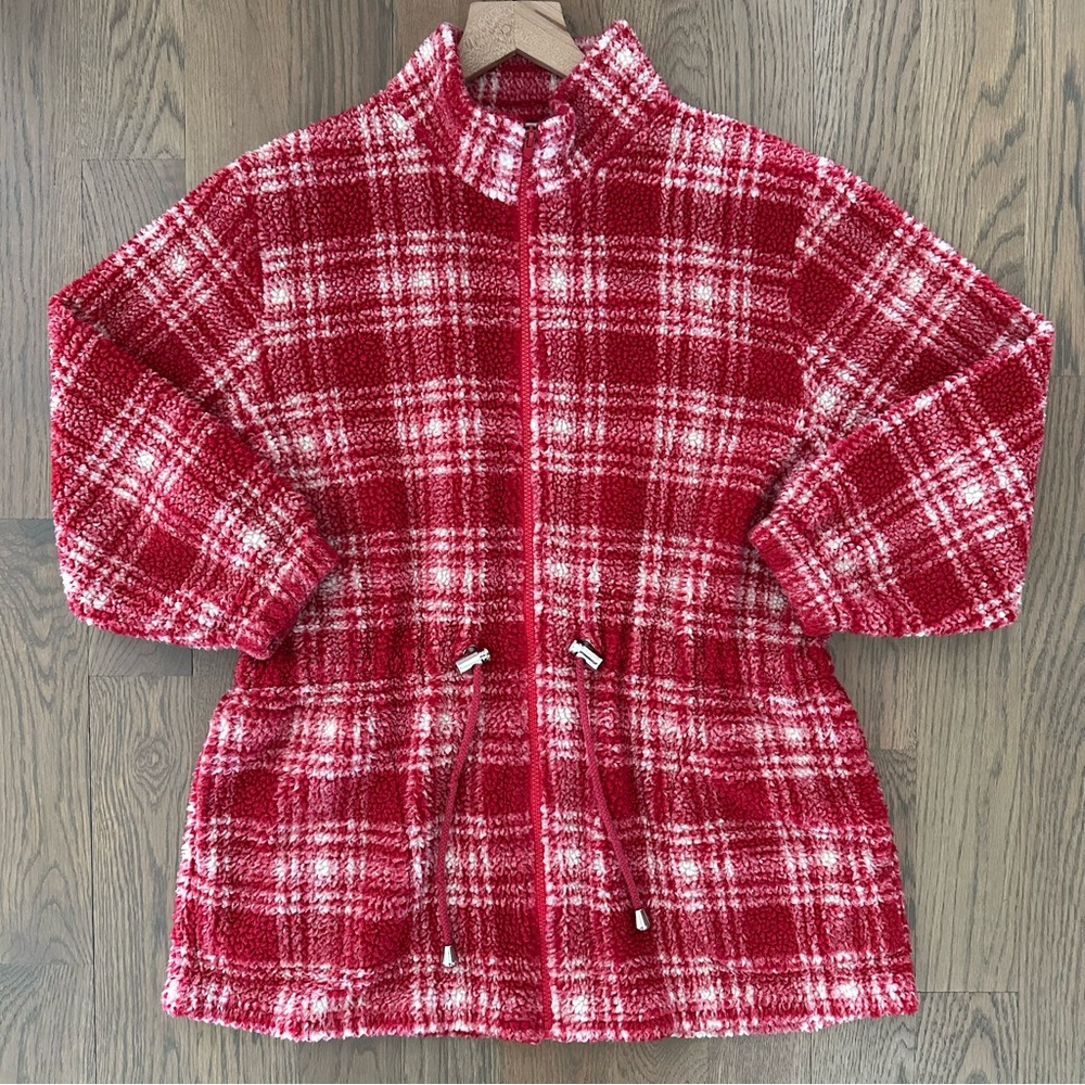 Anthropologie Vintage Collared Fleece Drawstring Waist Jacket Red White Plaid M